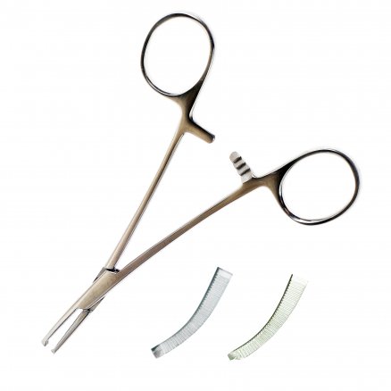 Затискач кровоспинний, по Halsted-Mosquito, одно- і двозубий, зубчатий, зігнутий № 1. Довжина 15,0 см